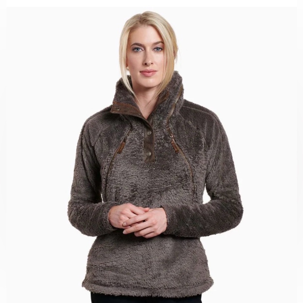 KUHL Jacket Women Medium Brown Green Sherpa Lined Hidden Hoodie Fleece Zip Comfy